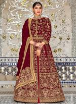 Velvet Wine Wedding Wear Embroidery Work Anarkali Suit